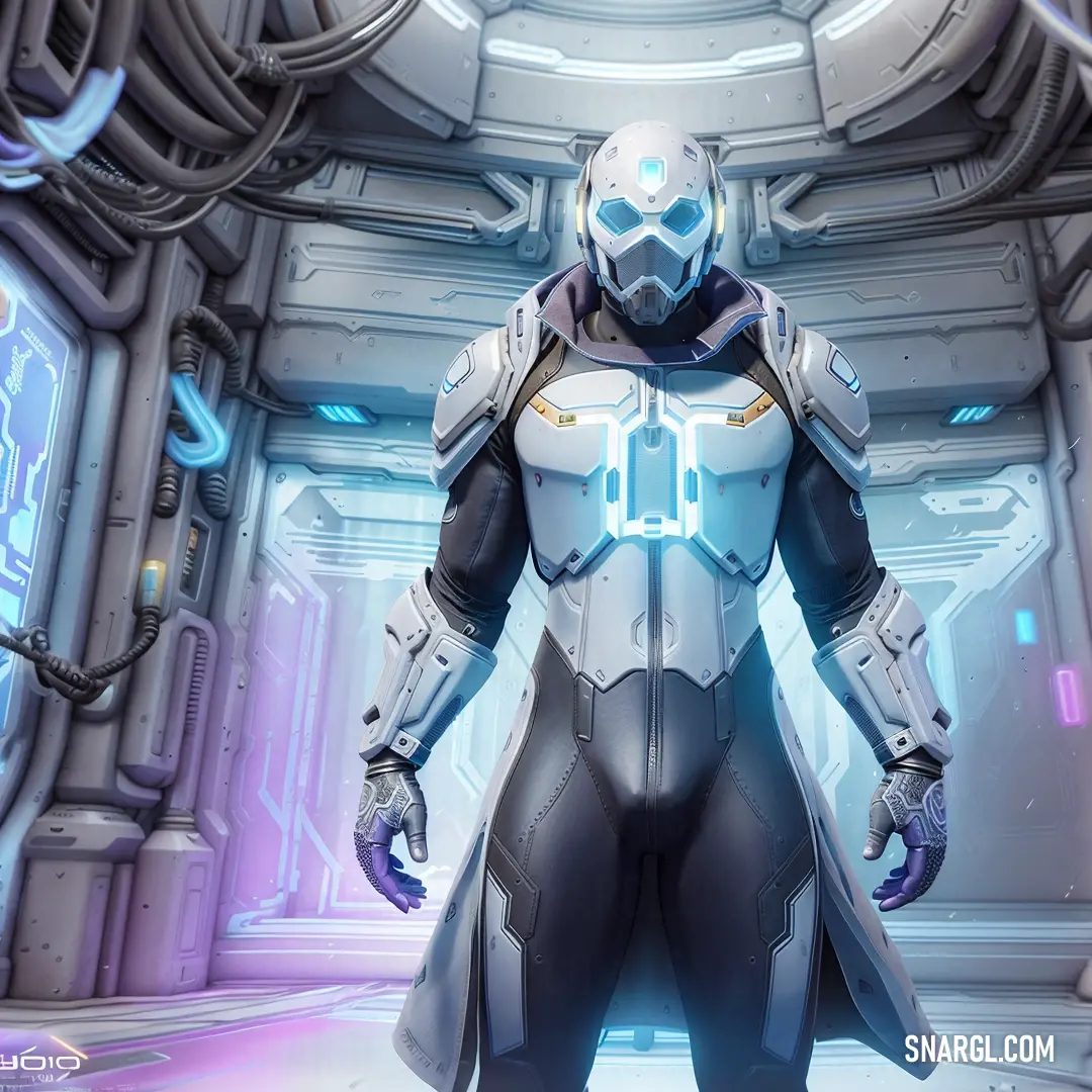 Futuristic man in a space suit standing in a sci - fi environment with a futuristic helmet. Color NCS S 0515-R80B.