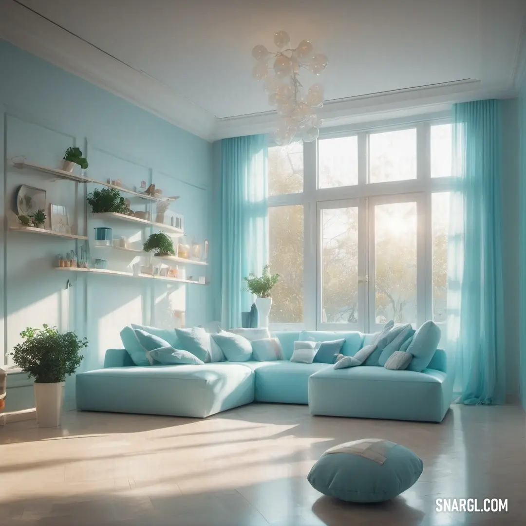 Living room with a large blue couch and a window with a view of the outside of the room. Color RGB 228,242,250.