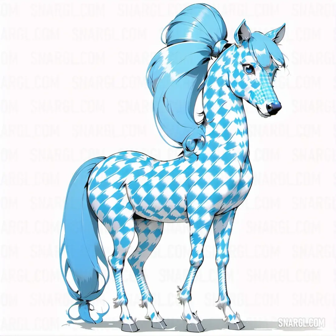 Blue and white horse with a ponytail on its head and tail. Example of CMYK 16,1,0,0 color.