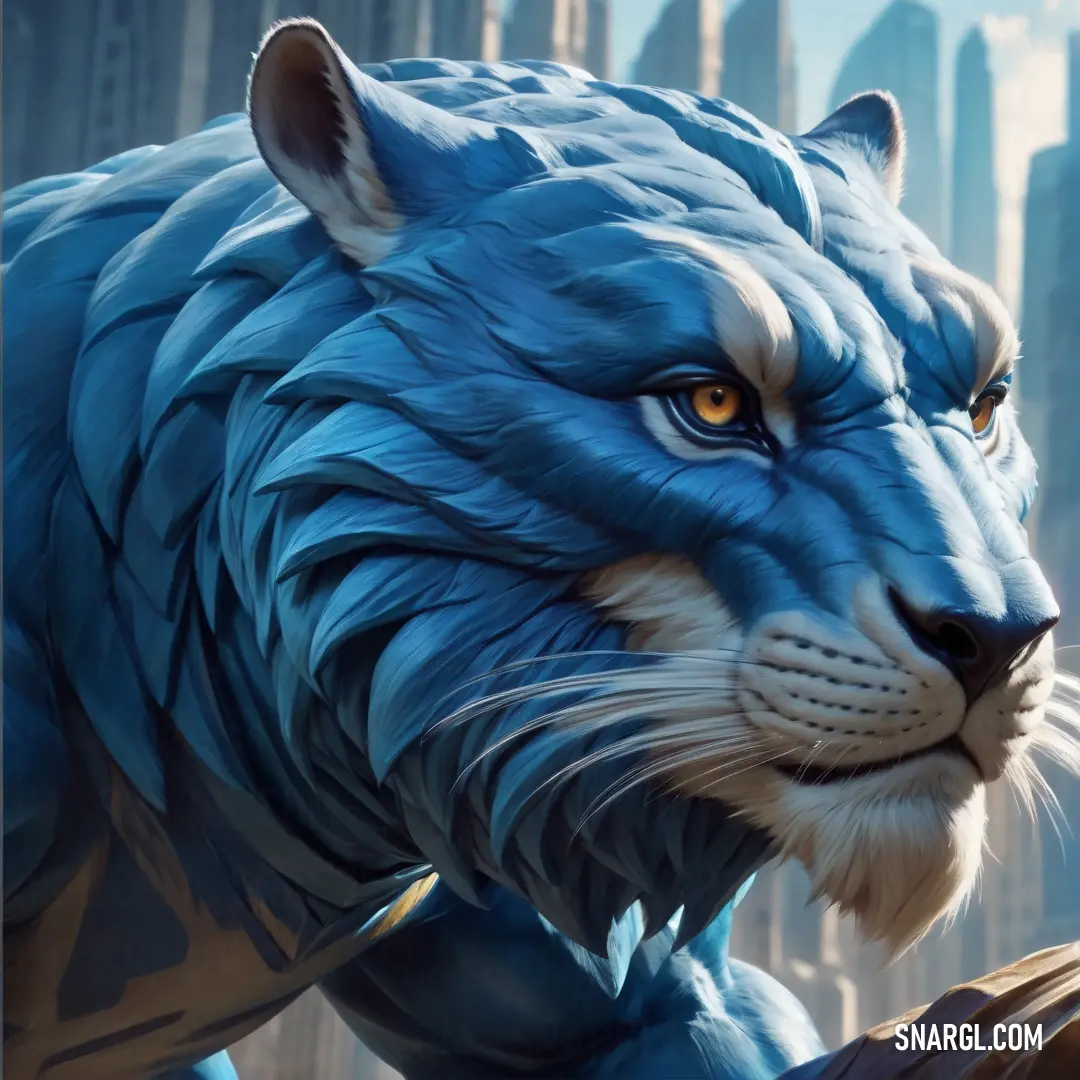 Blue tiger with yellow eyes and a city in the background