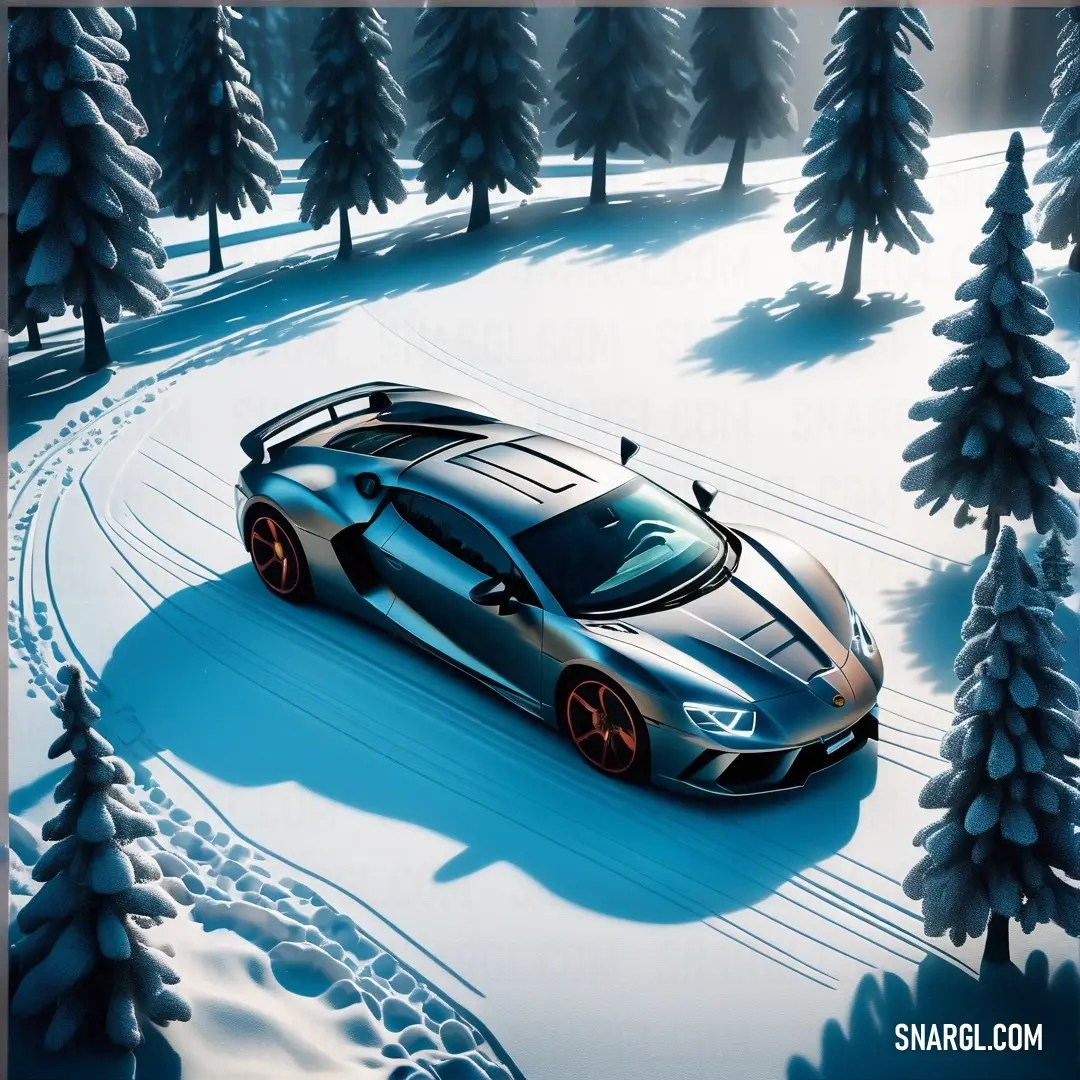 Car driving through a snowy forest with trees in the background and a bird on the roof of the car. Example of NCS S 0515-R90B color.