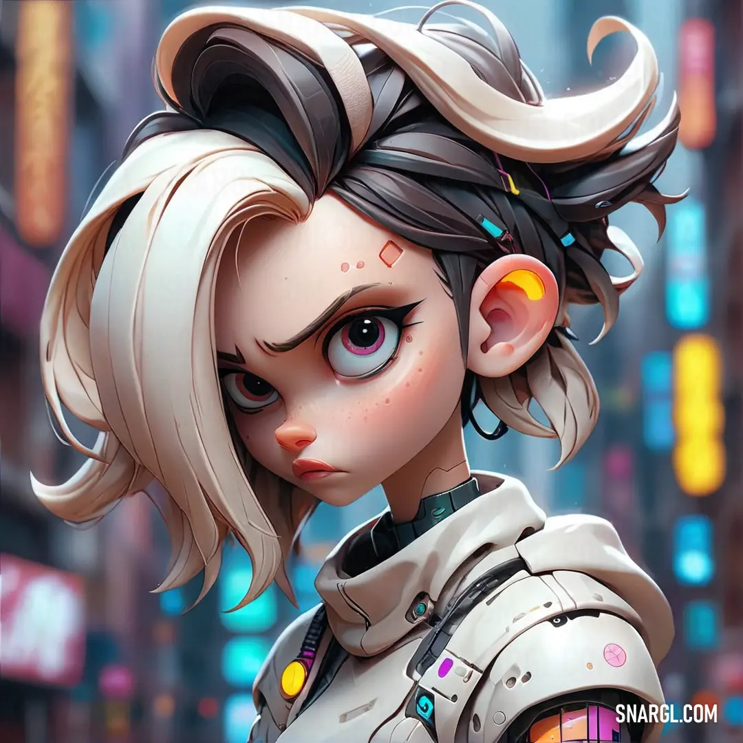 Cartoon character with a futuristic look and a sci - fi. Example of NCS S 0515-R90B color.