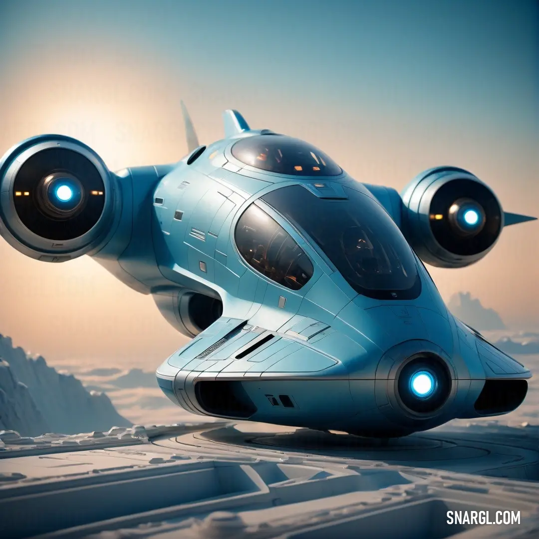 Futuristic flying vehicle with lights on in the sky above a cityscape with mountains and a sky background. Example of #E2F2FB color.