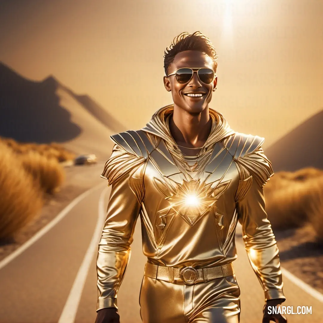 Man in a gold suit is walking down the road with a star on his chest and sunglasses on. Example of NCS S 0515-Y10R color.