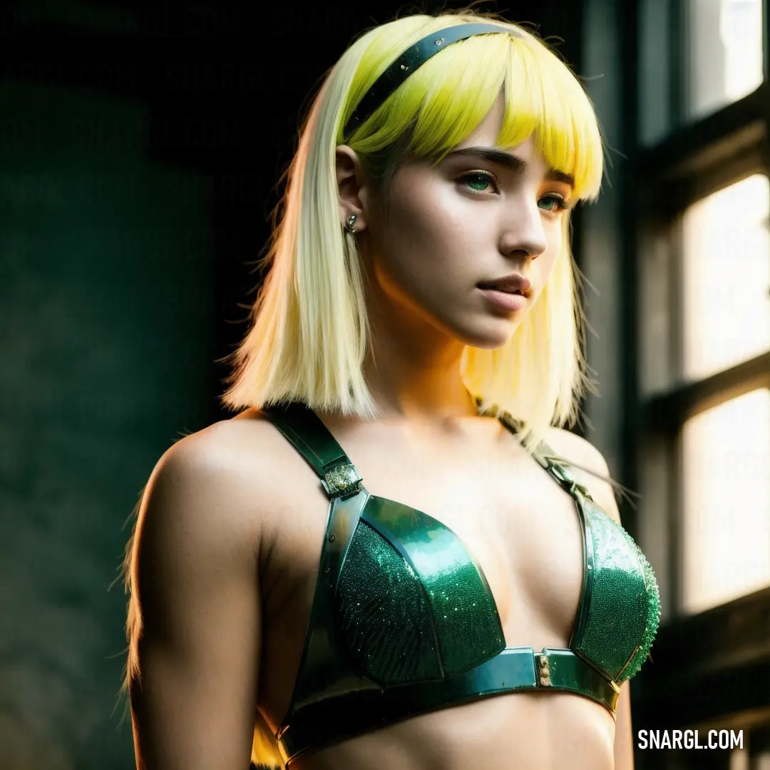 NCS S 0515-Y10R color. Woman with yellow hair and green bra top posing for a picture in front of a window