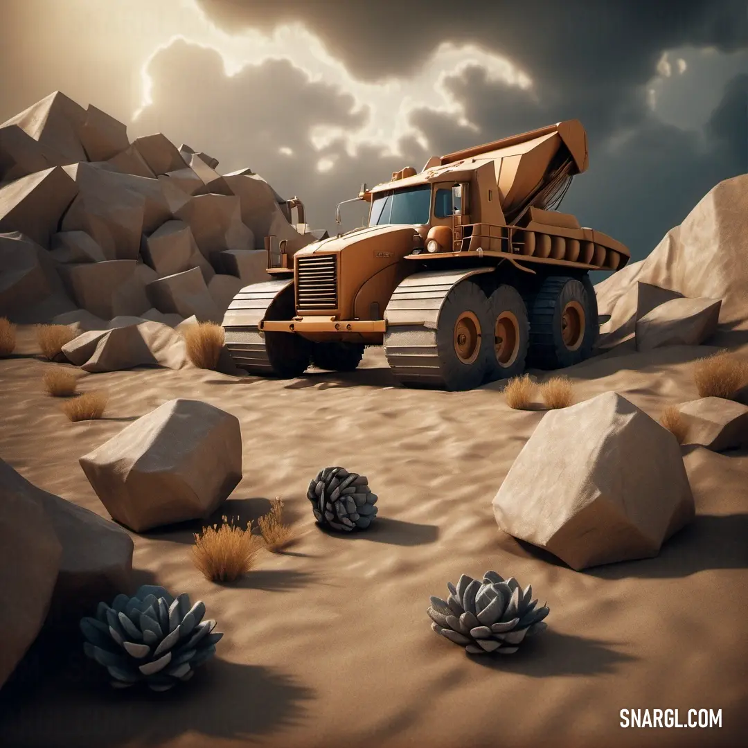 Large truck is parked in the desert with rocks and pine cones around it and a cloudy sky above. Example of RGB 255,234,177 color.