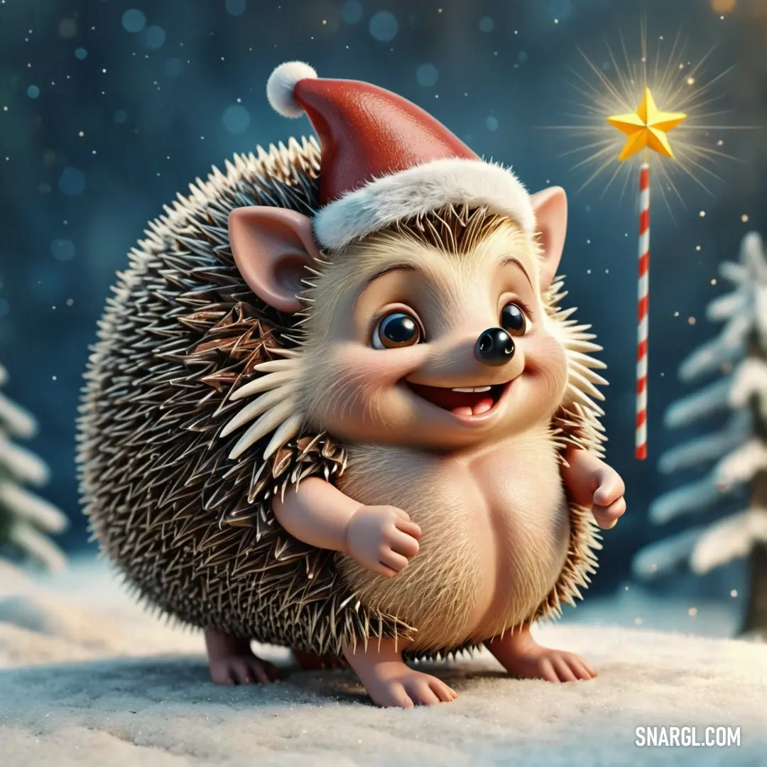 Hedgehog with a santa hat on holding a candy cane in the snow with a christmas tree in the background. Color RGB 255,234,177.