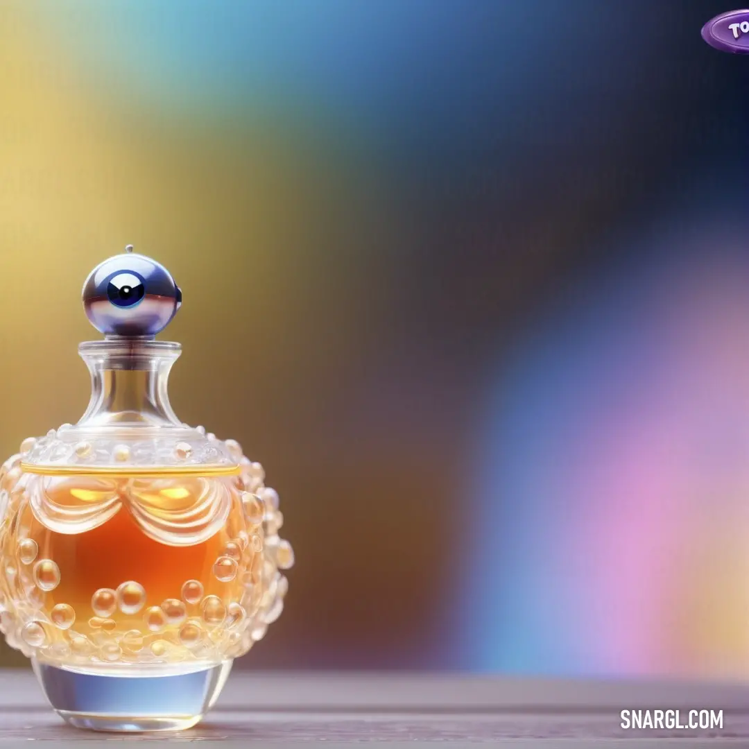 Bottle of perfume with bubbles on a table top with a blurry background. Color #FFE1AA.