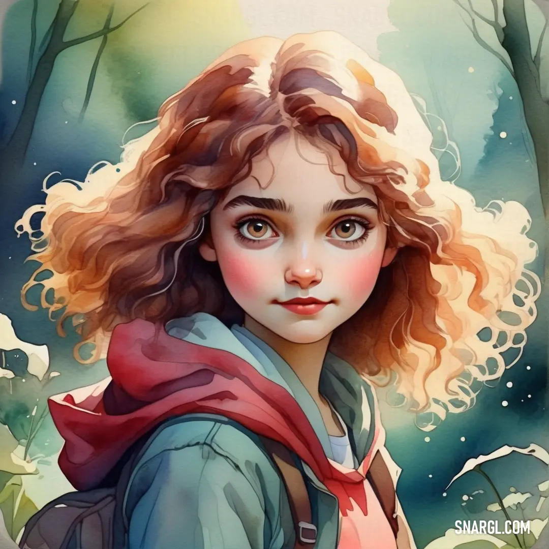 Painting of a girl with curly hair and a red scarf on her shoulders. Example of RGB 255,225,170 color.