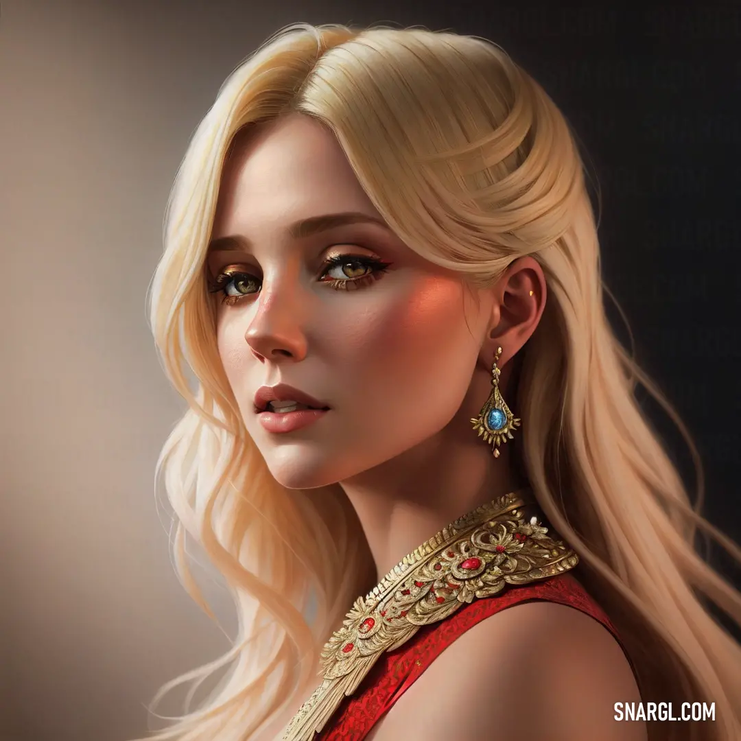 Painting of a blonde woman with long hair wearing a red dress and a gold necklace with a turquoise stone. Example of #FFE1AA color.
