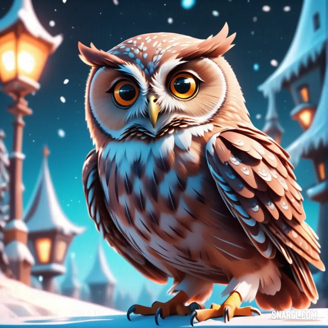 NCS S 0515-Y40R color example: Cartoon owl is on a snowy hill with a street light in the background
