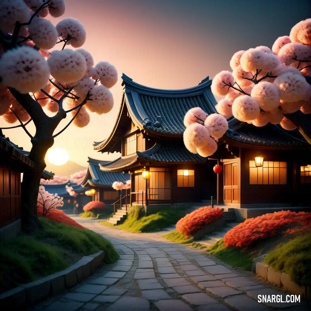 Beautiful scene of a japanese garden with a path leading to a pagoda with a lantern in the sky. Color RGB 255,226,186.