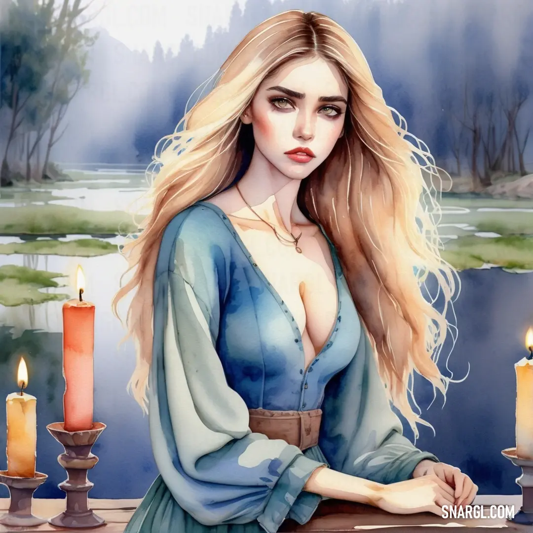 Painting of a woman with long blonde hair on a table with candles in front of her and a river in the background