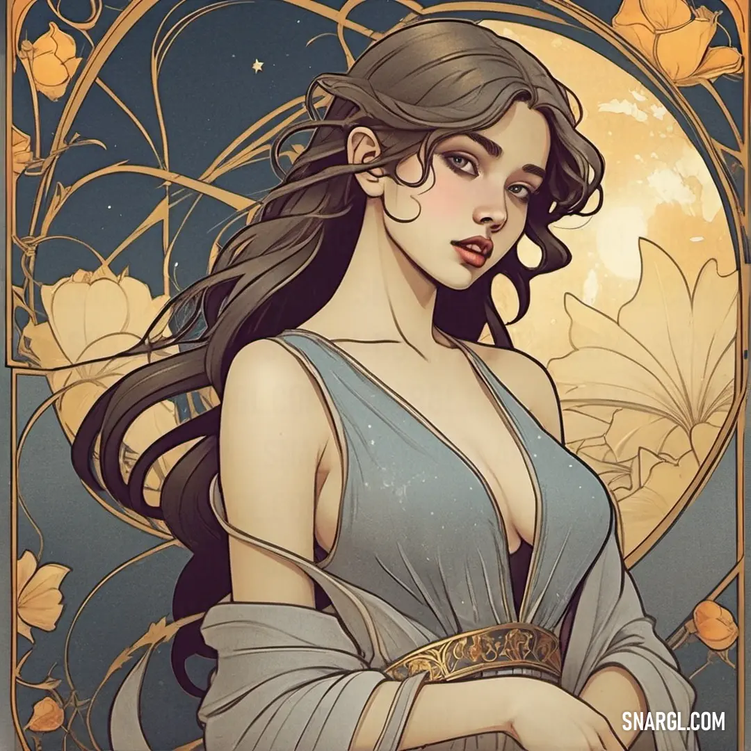 NCS S 0515-Y50R color. Woman in a blue dress with long hair and a moon behind her is depicted in a stylized style