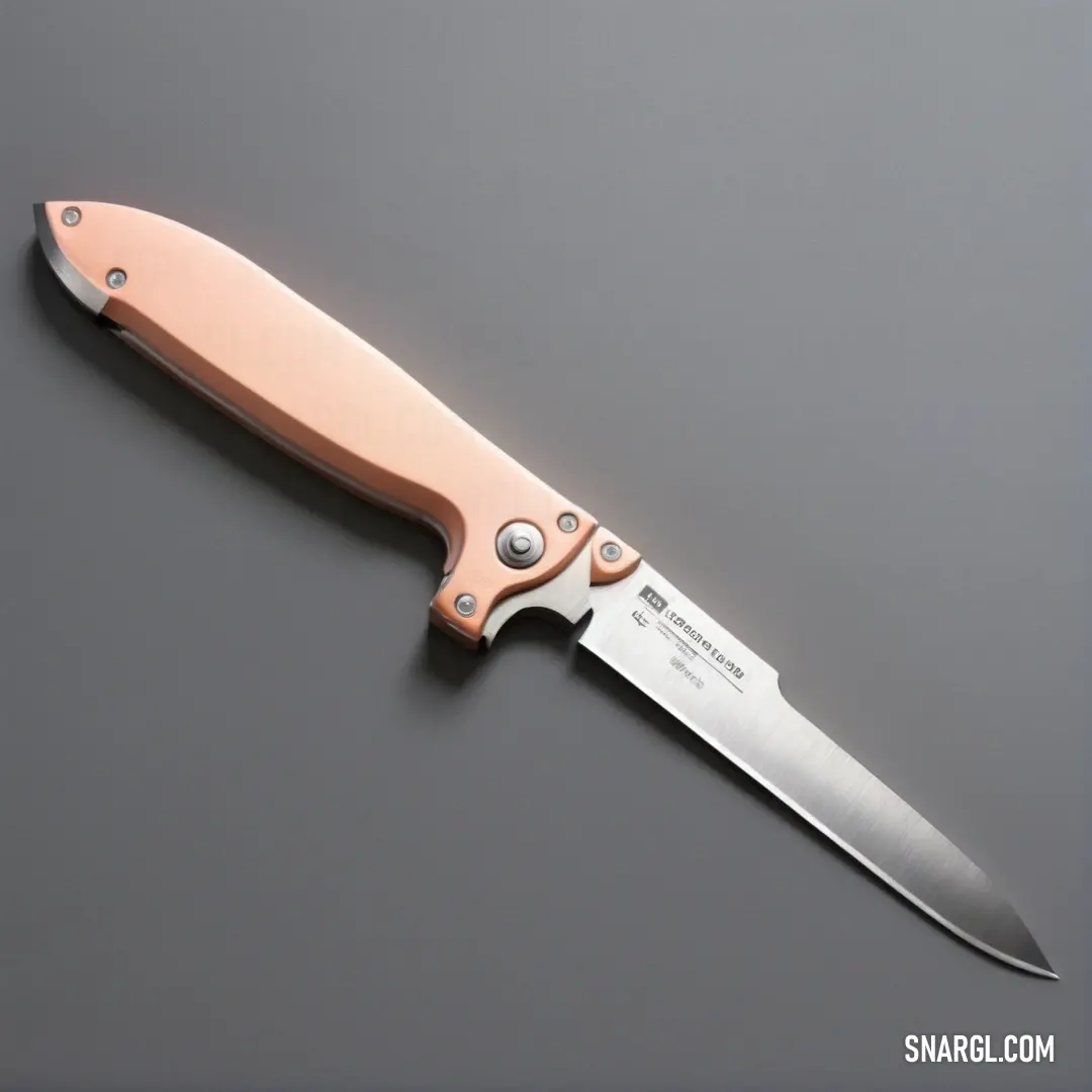 Pink knife with a black handle on a gray surface. Color NCS S 0515-Y70R.