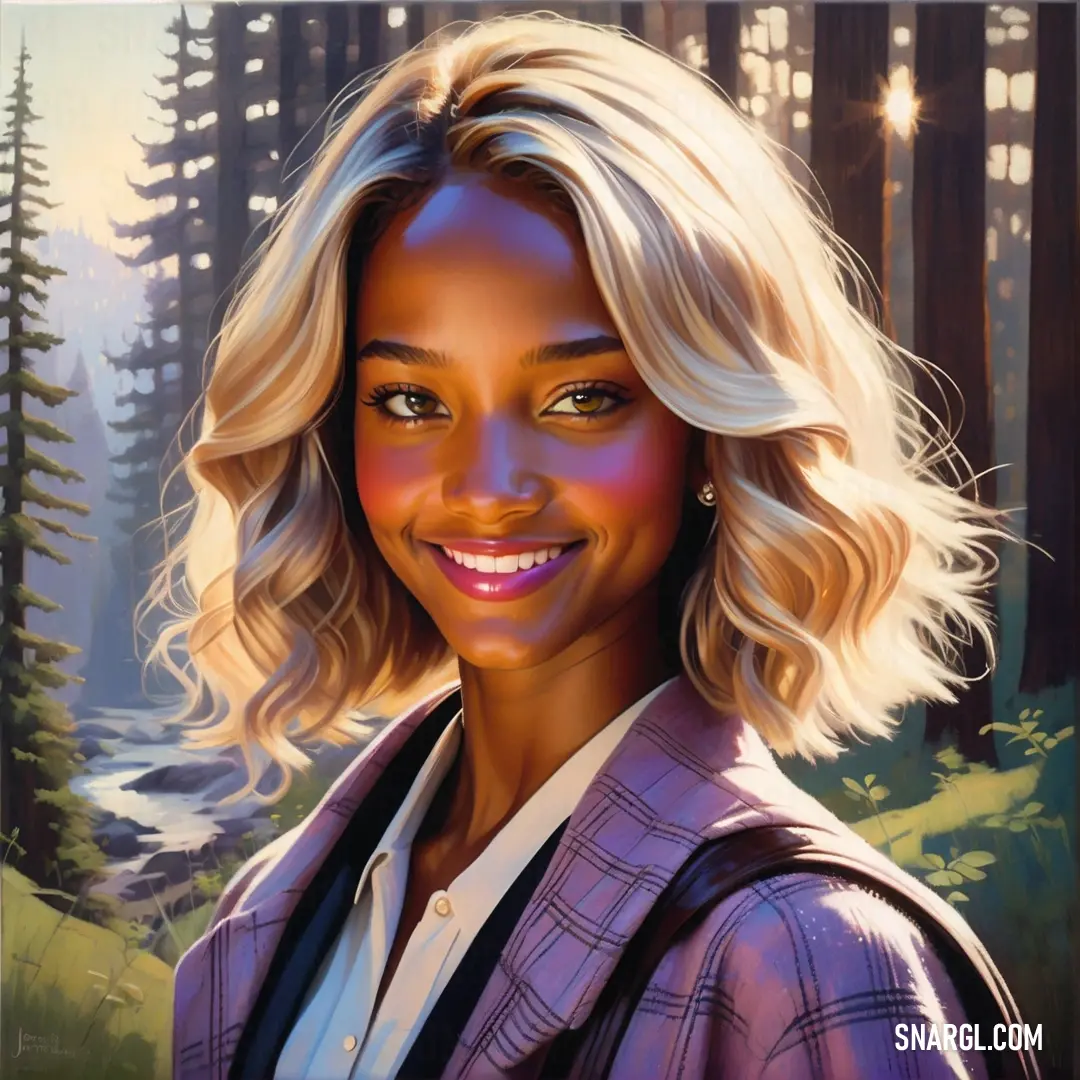 NCS S 0515-Y80R color example: Painting of a woman with blonde hair and a purple jacket in a forest with trees and grass and a sun shining