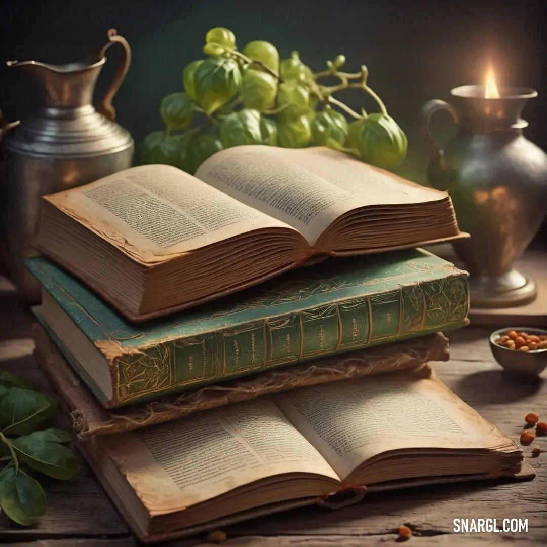 Stack of books on top of a table next to a candle and a bowl of beans and a vase. Example of NCS S 0515-Y80R color.