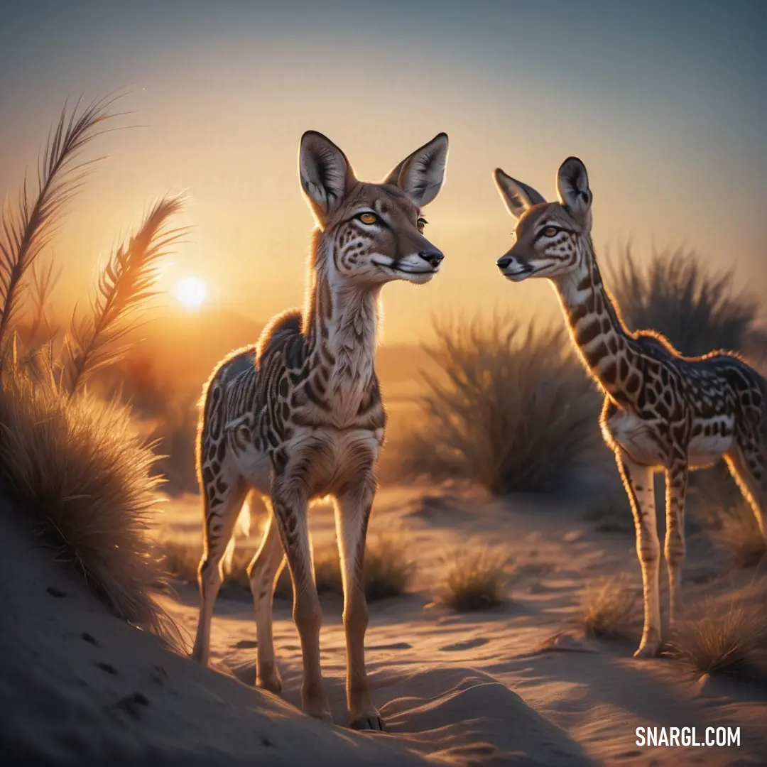 Two giraffes standing in the sand at sunset with a background. Color #FFE2D2.