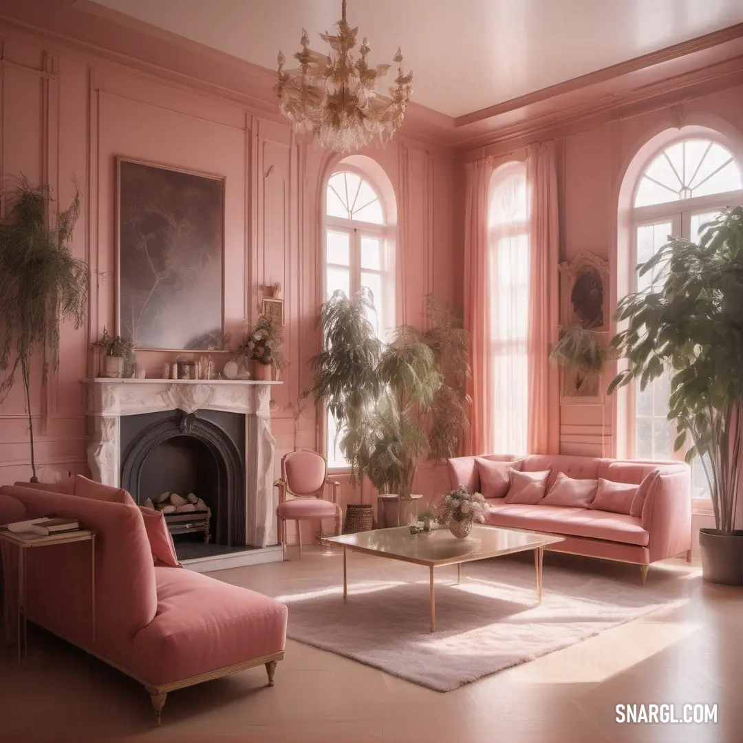 Living room with pink furniture and a fireplace in it's centerpieces and a chandelier. Color NCS S 0515-Y90R.