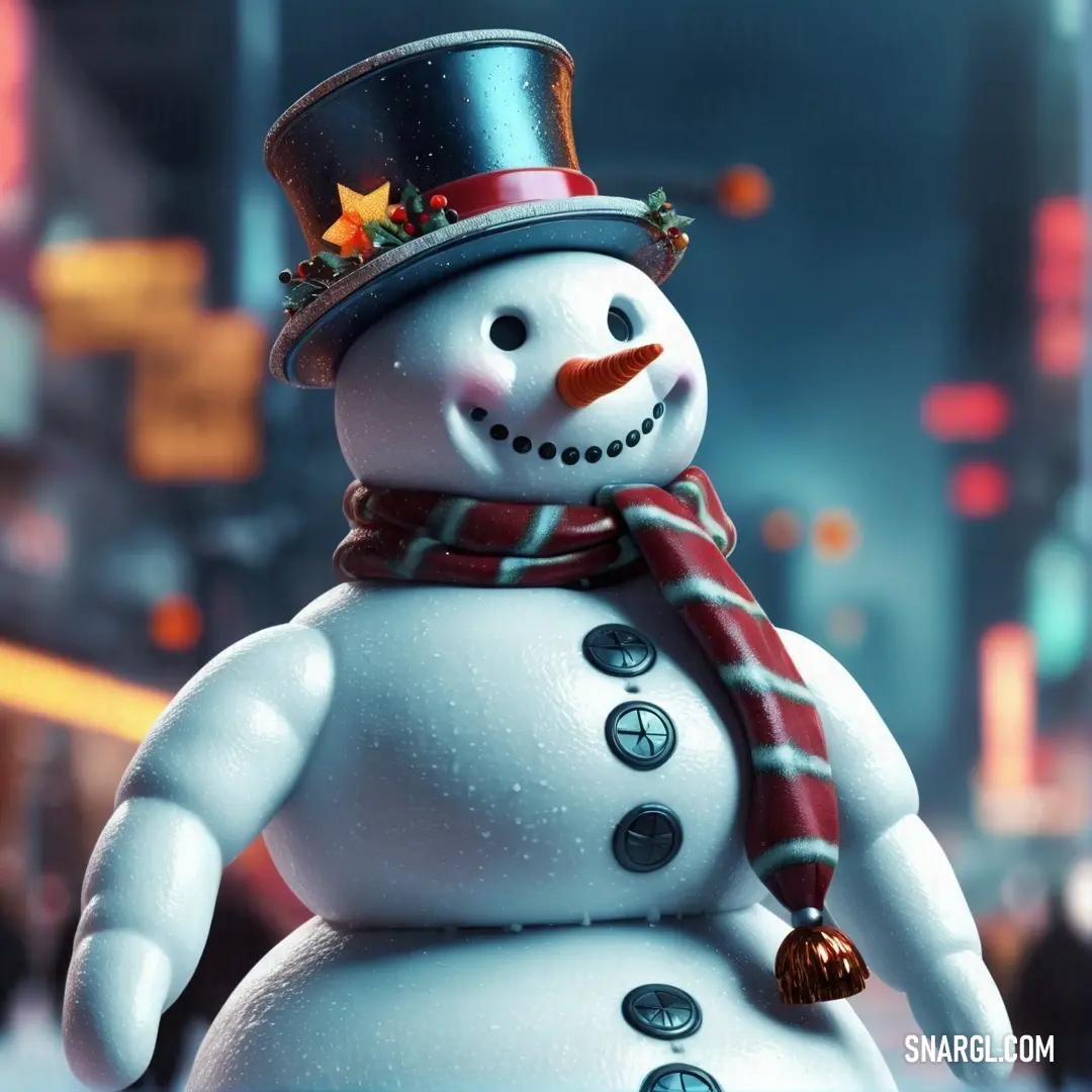 NCS S 0520-B10G color example: Snowman with a hat and scarf on in the snow in a city at night time with a street light in the background