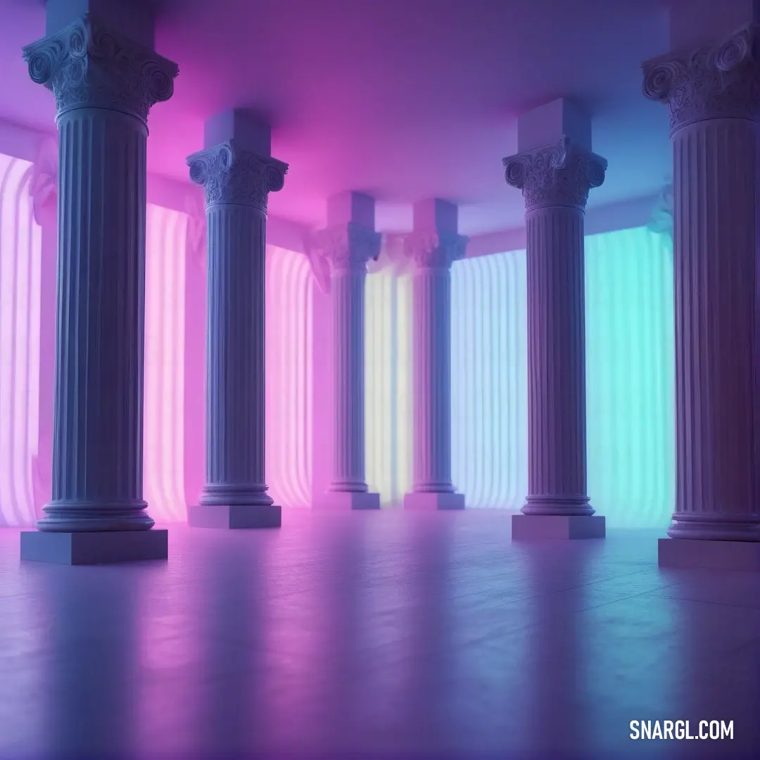 Room with columns and a neon light in the background. Color #C5F1EA.