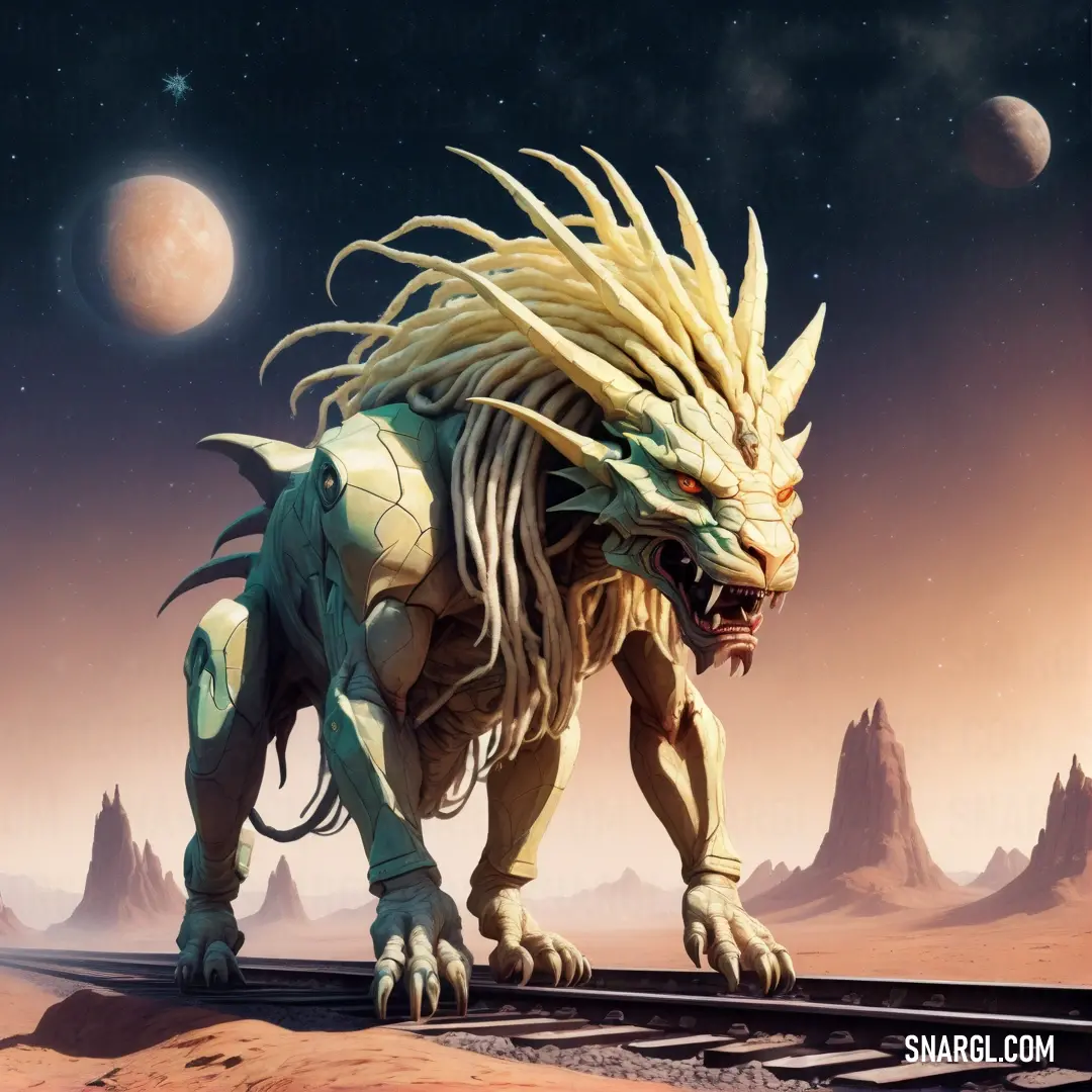 Creature with long hair standing on a train track in the desert with mountains in the background. Example of #E6F8CF color.