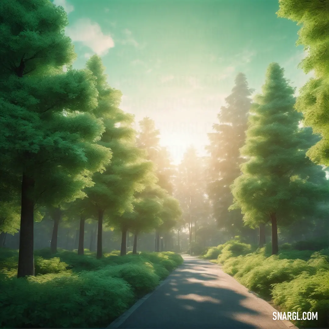 NCS S 0520-G20Y color example: Painting of a road surrounded by trees and bushes with the sun shining through the trees on the side