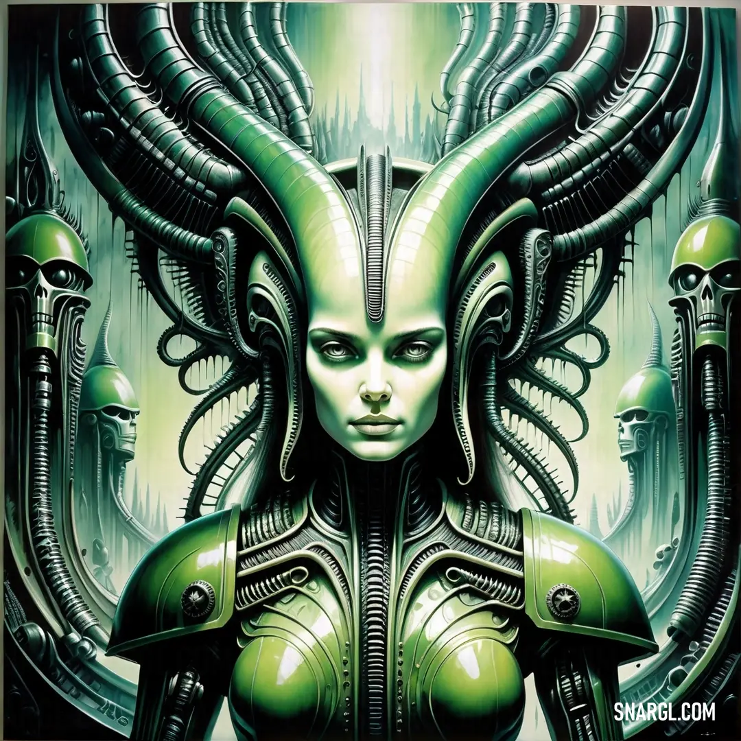 Painting of a woman with a green alien suit on her face and head. Color RGB 230,248,207.