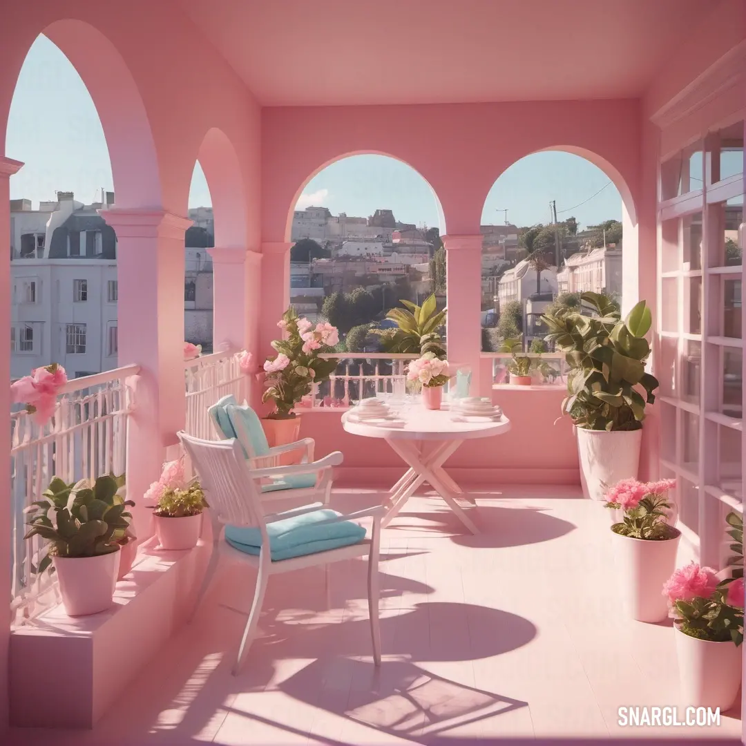 Balcony with a table and chairs and potted plants on the balcony and a view of the city. Example of CMYK 0,25,15,0 color.