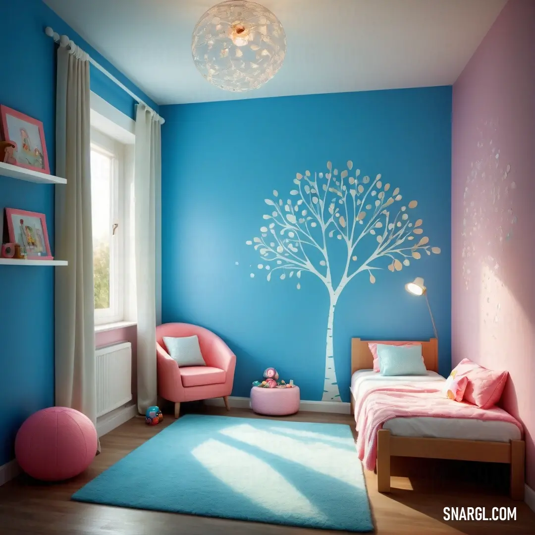 Bedroom with a blue wall and a tree painted on the wall and a pink chair and ottoman in the corner. Color NCS S 0520-R.