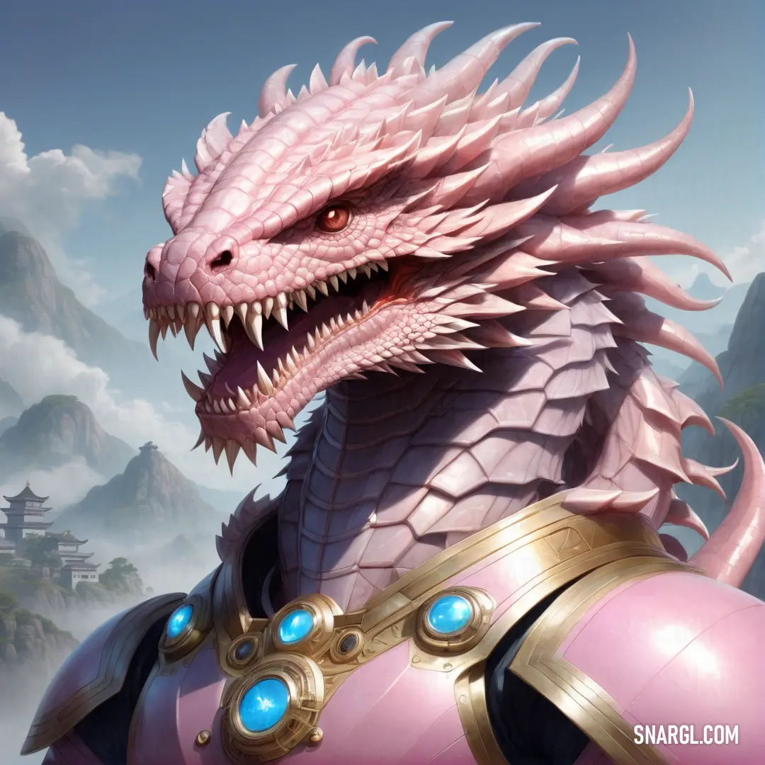 Dragon with a pink body and gold armor on it's chest, with a mountain in the background. Example of #FFD3CF color.