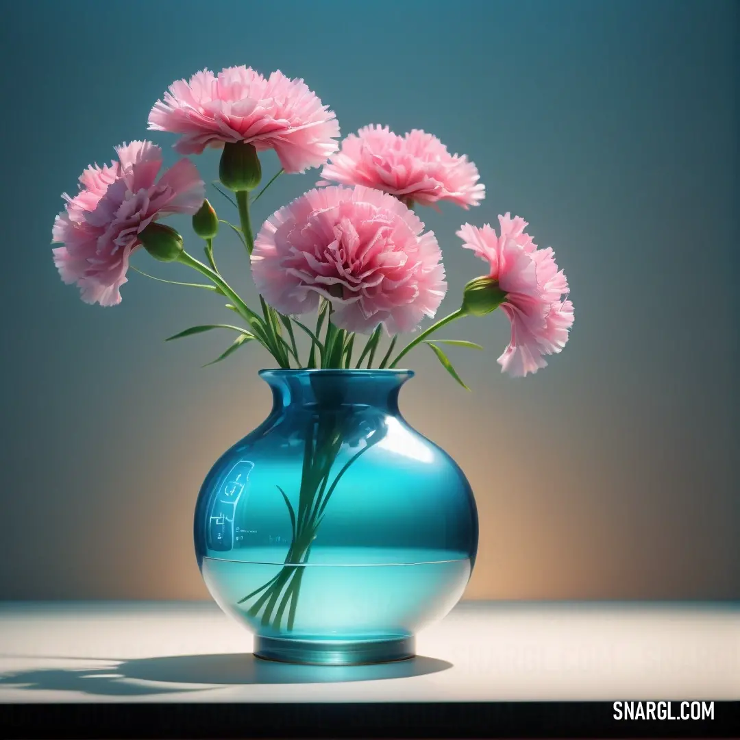 Blue vase with pink flowers in it on a table top with a blue background. Color NCS S 0520-R.