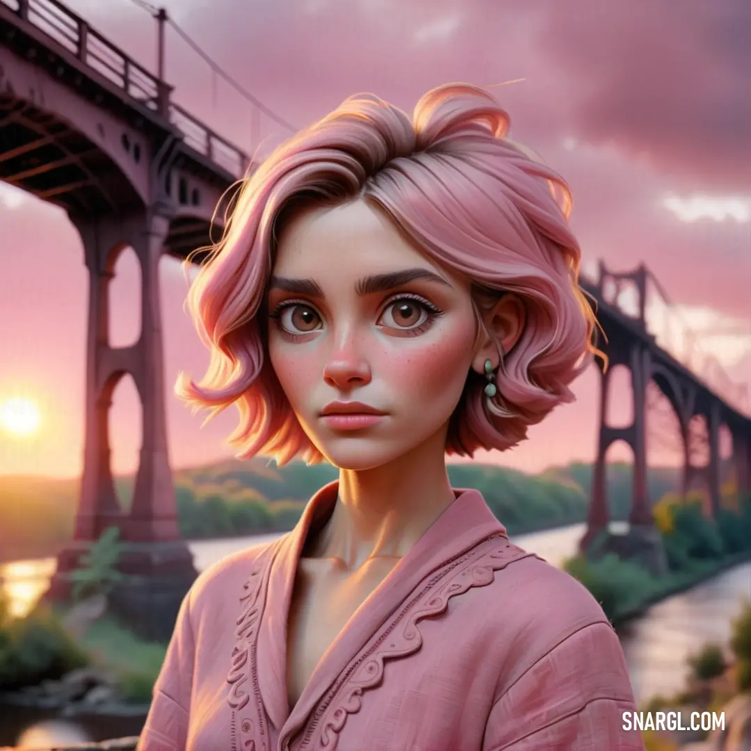 NCS S 0520-R color example: Painting of a woman with pink hair and a bridge in the background