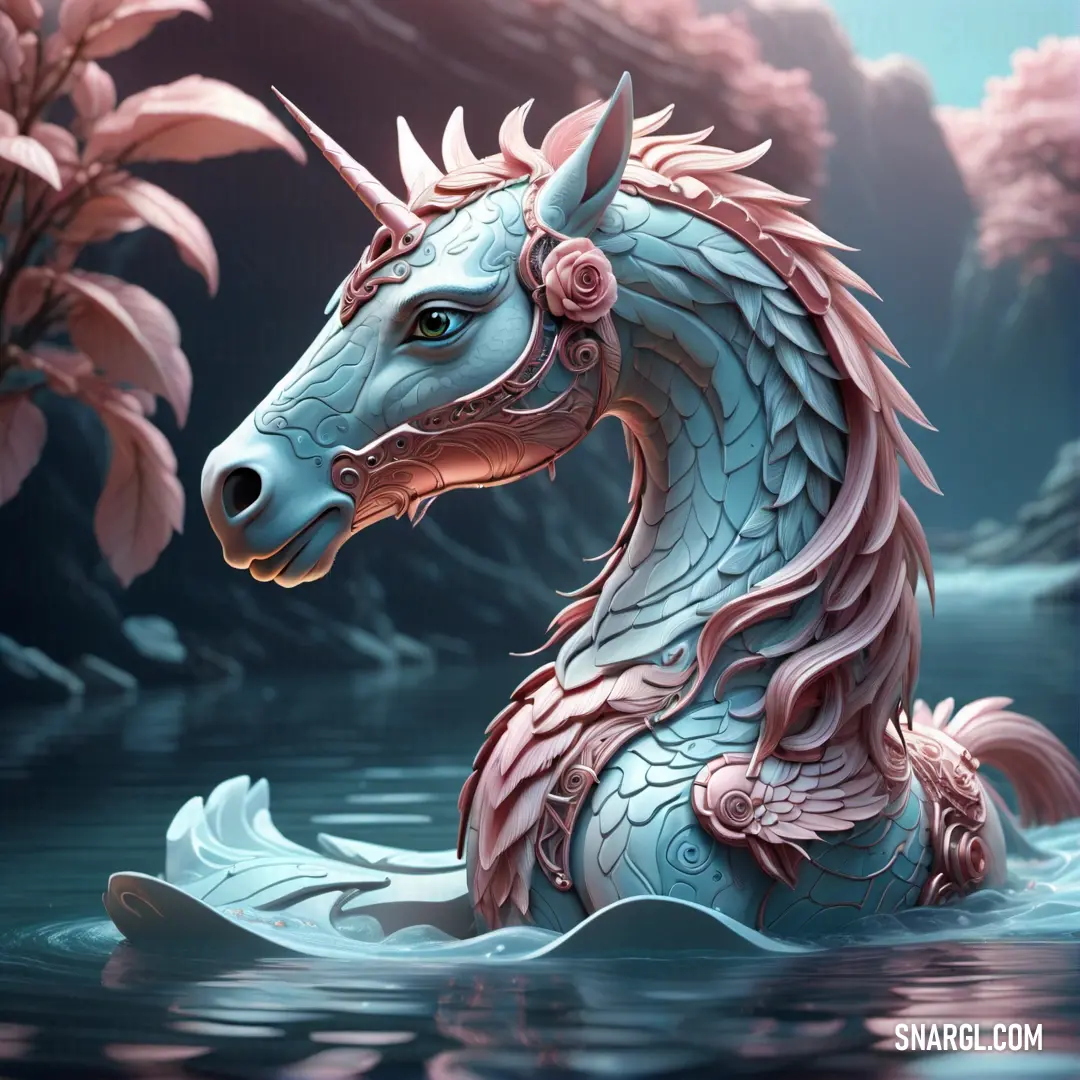 Blue dragon in the water with pink flowers around it's neck and head. Example of #FFD7DC color.