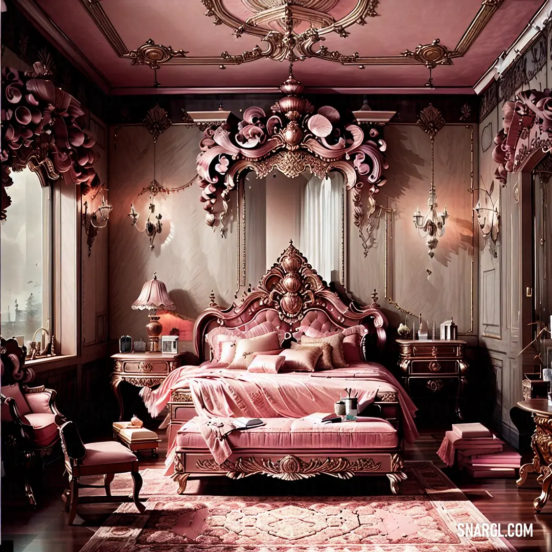 Fancy bedroom with a pink bed and chandelier and a pink rug on the floor. Example of CMYK 0,24,9,0 color.
