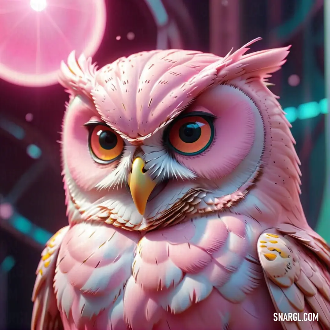 Pink owl with big eyes and a pink background. Color #FFDBE3.