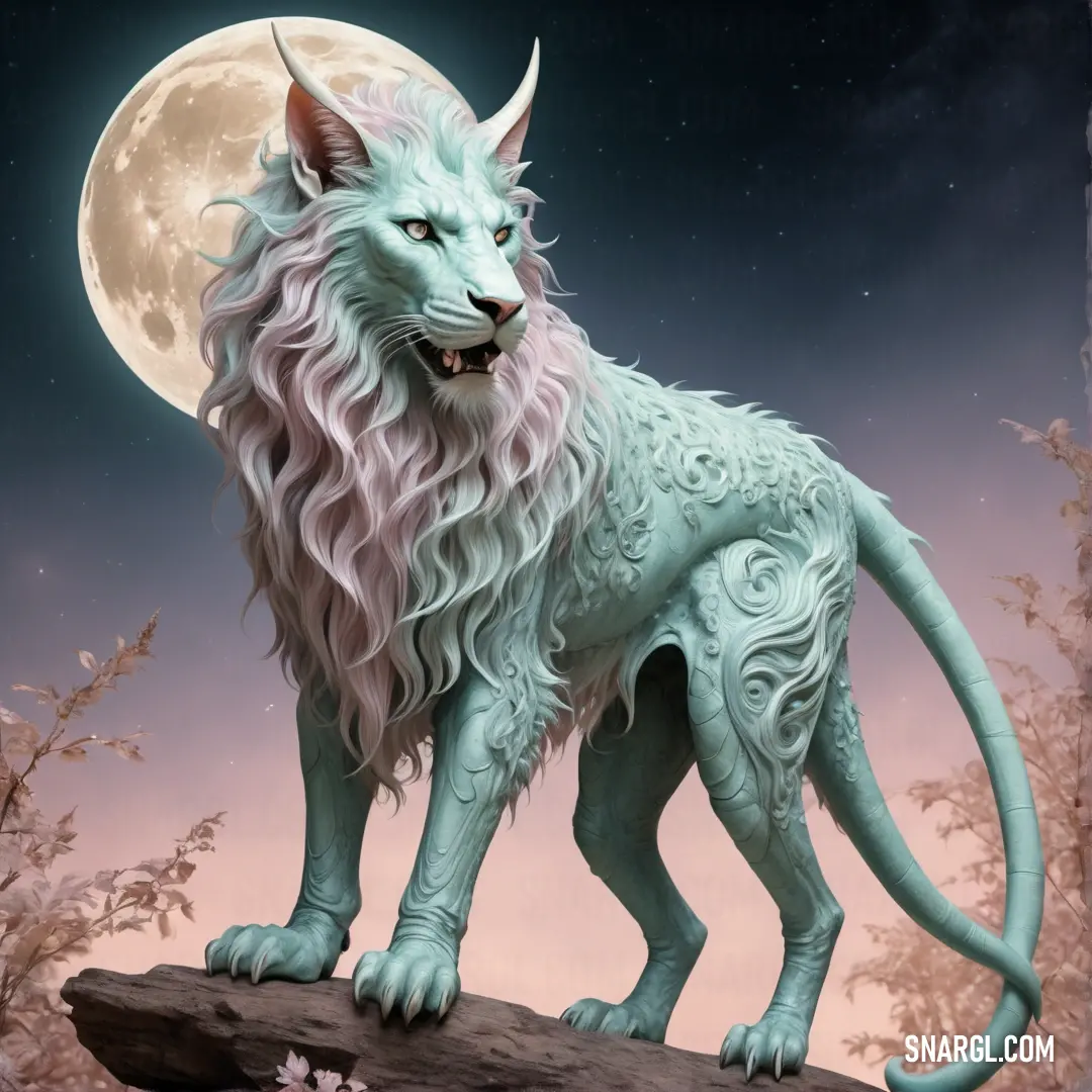 NCS S 0520-R30B color. White lion standing on a rock with a full moon in the background