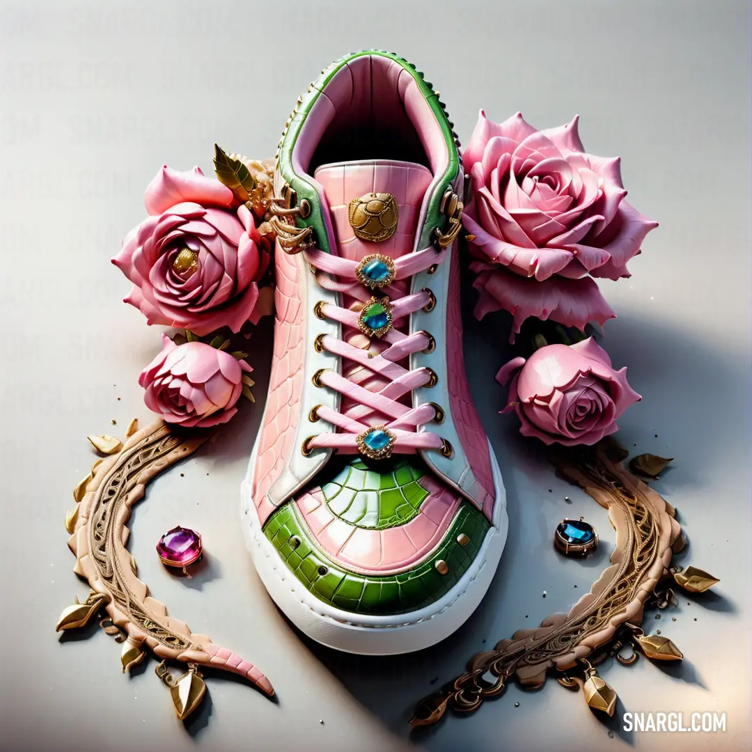 Pair of pink shoes with flowers on the side of them and a chain of jewels around them on a gray surface. Example of NCS S 0520-R40B color.