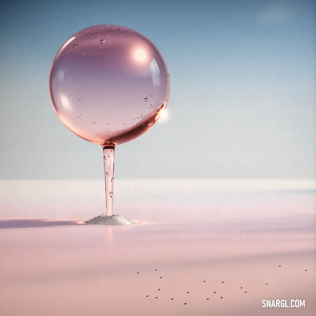 Pink liquid filled with water on a pink surface with a blue sky in the background. Color NCS S 0520-R40B.