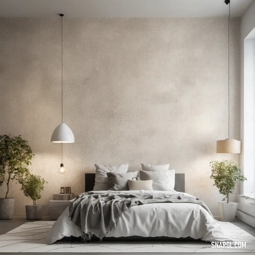 Bed with a blanket and pillows in a room with a large window and a plant on the side of the bed. Color #E9E6F9.