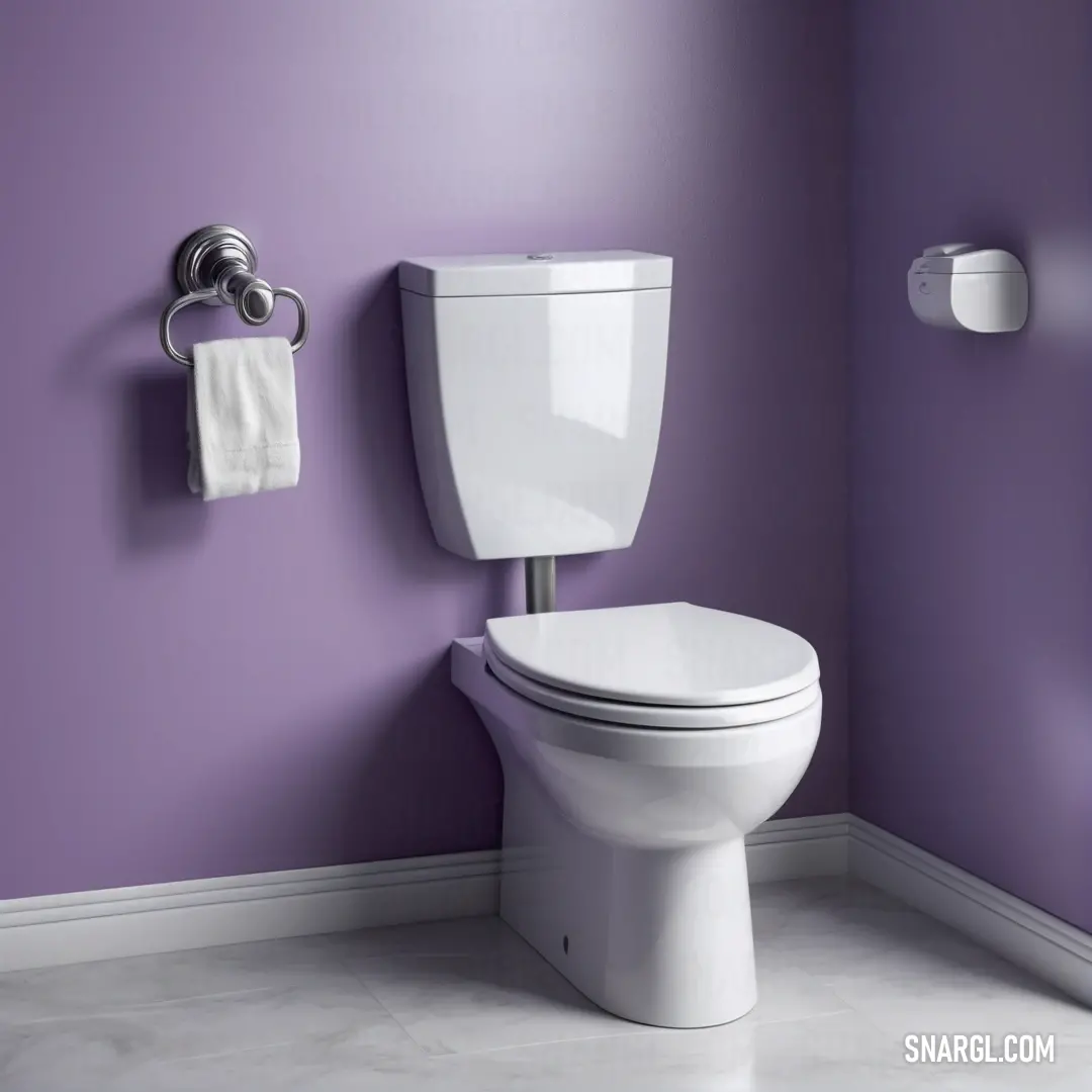 Toilet in a bathroom with a purple wall and a towel rack on the wall above it and a toilet paper dispenser. Example of NCS S 0520-R60B color.