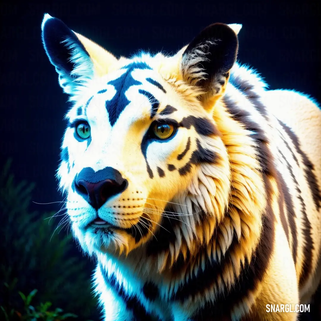 White tiger with black stripes on its face and chest, standing in front of a dark background. Color CMYK 0,6,46,0.