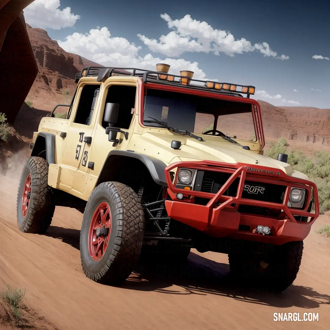 NCS S 0520-Y10R color example: Yellow and red truck driving down a dirt road in the desert with a sky background