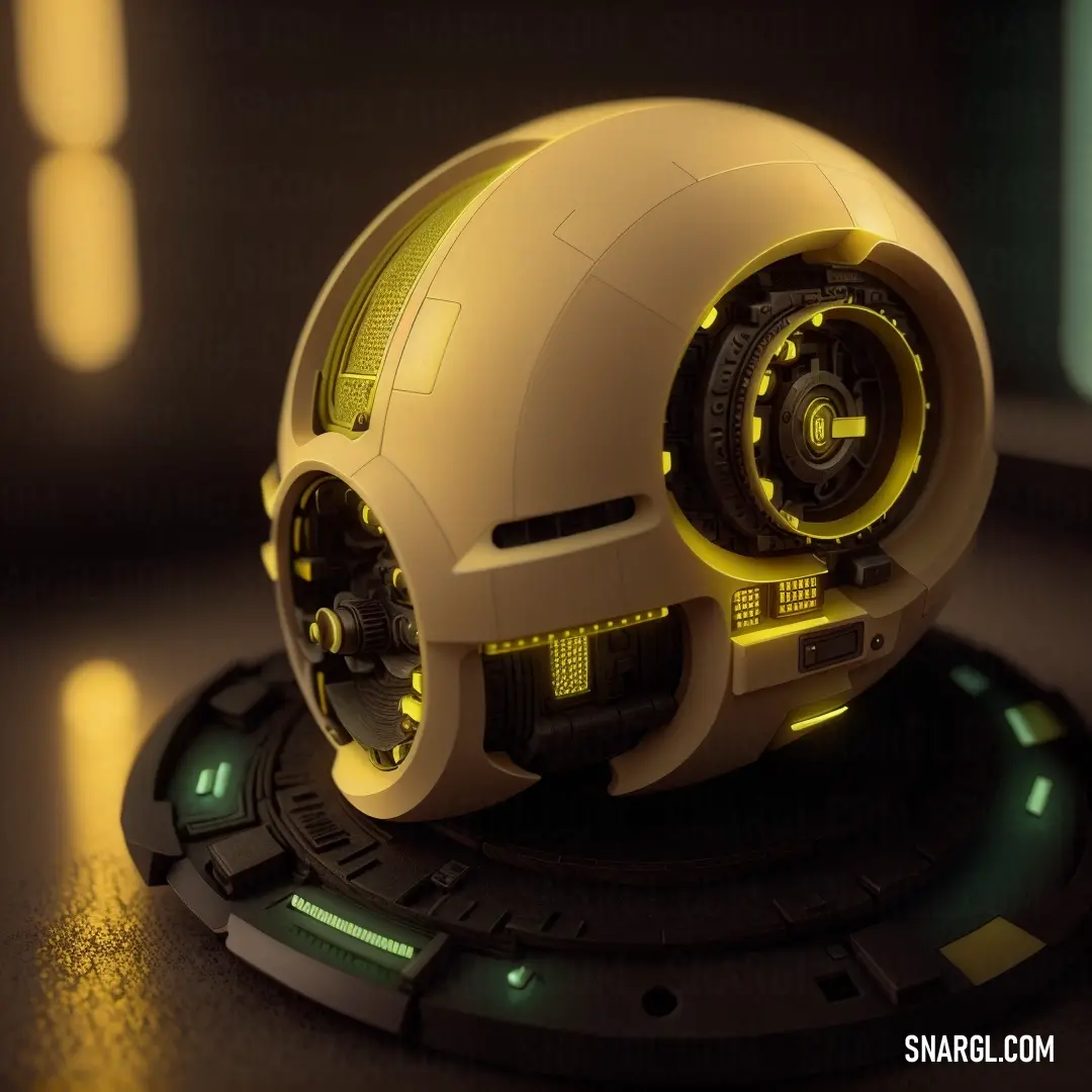 Futuristic helmet is on a table top with a yellow light coming from it's centerpiece. Example of #FFE4A3 color.
