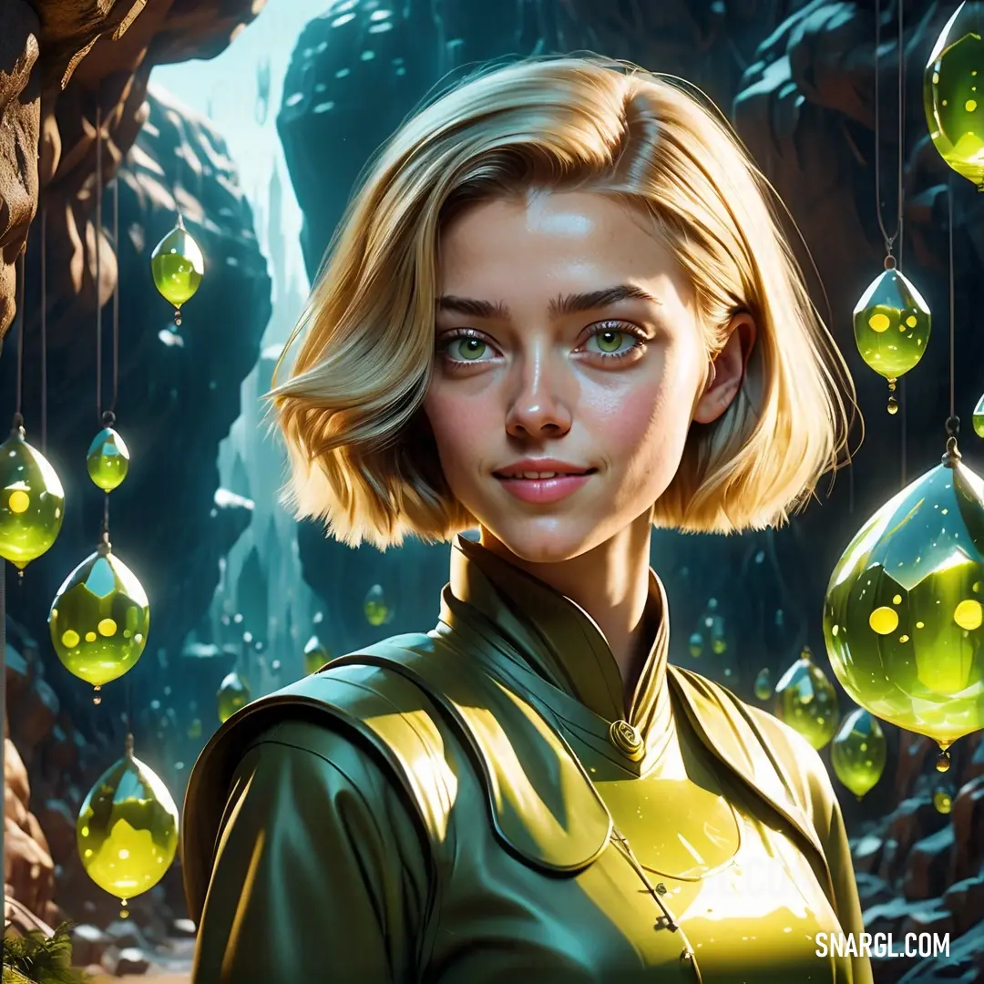Woman in a green shirt is surrounded by bubbles and bubbles of water in the air and a cave. Example of NCS S 0520-Y20R color.