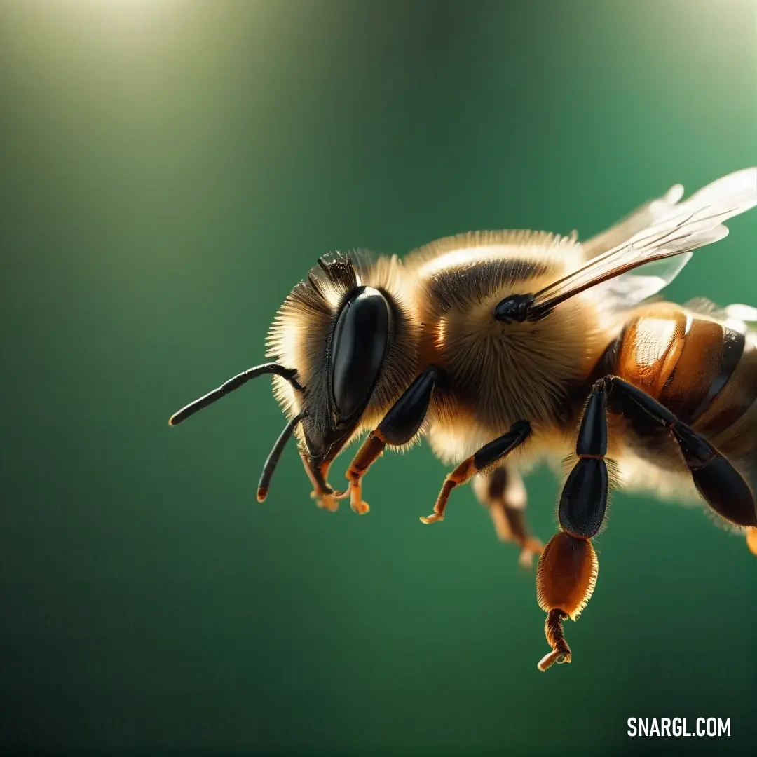 A striking moment captured in mid-air as a bee gracefully flies, wings spread wide against a vivid green backdrop, emphasizing the beauty and agility of these fascinating creatures in their quest for nectar.