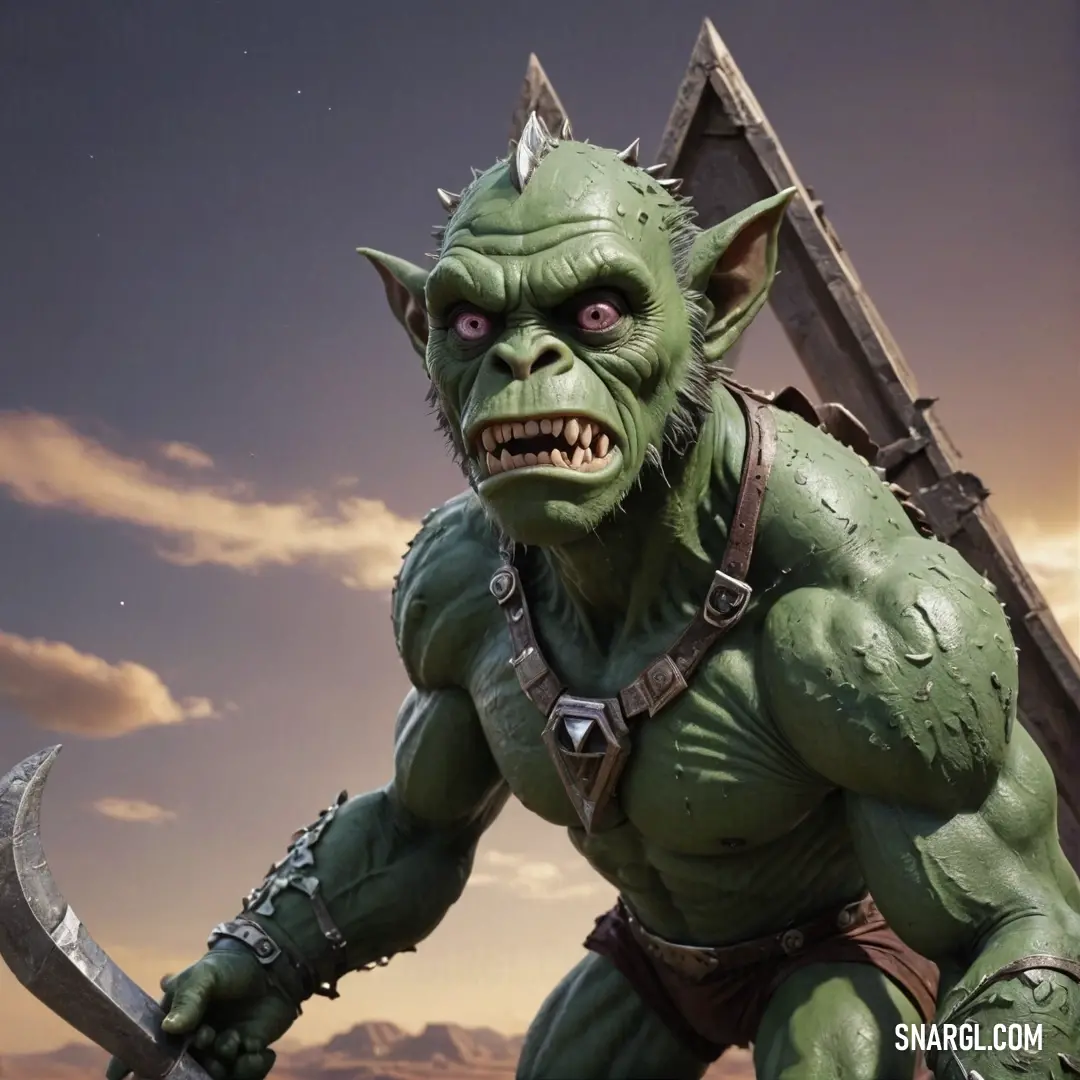 A formidable green troll brandishing a large knife, standing defiantly against a backdrop of a brilliant sky. Its fierce yet oddly charming persona captivates with hints of bravery mixed with mischief.