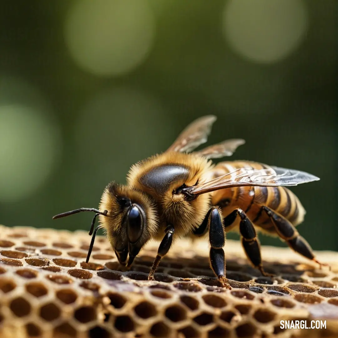 An intimate close-up of a bee perched on a honeycomb, its head turned and eyes blissfully closed, set against a softly blurred background, conveying a moment of tranquility and contentment.