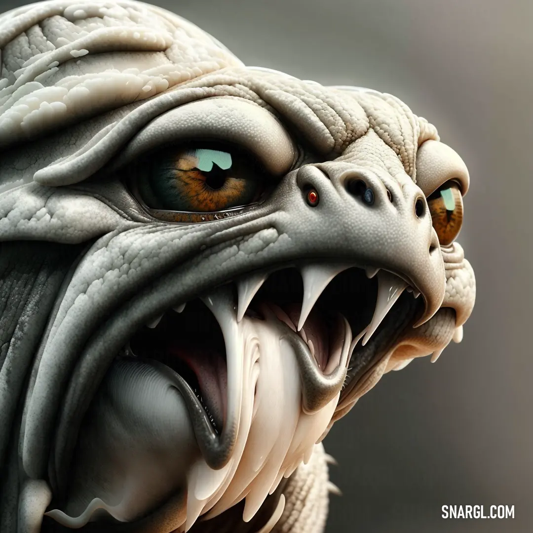 A close-up of a dragon’s face with its mouth open and eyes wide, creating a fierce and captivating expression. The dark gray background makes the dragon's details stand out in vivid contrast, highlighted by the color CMYK 0,19,44,0.