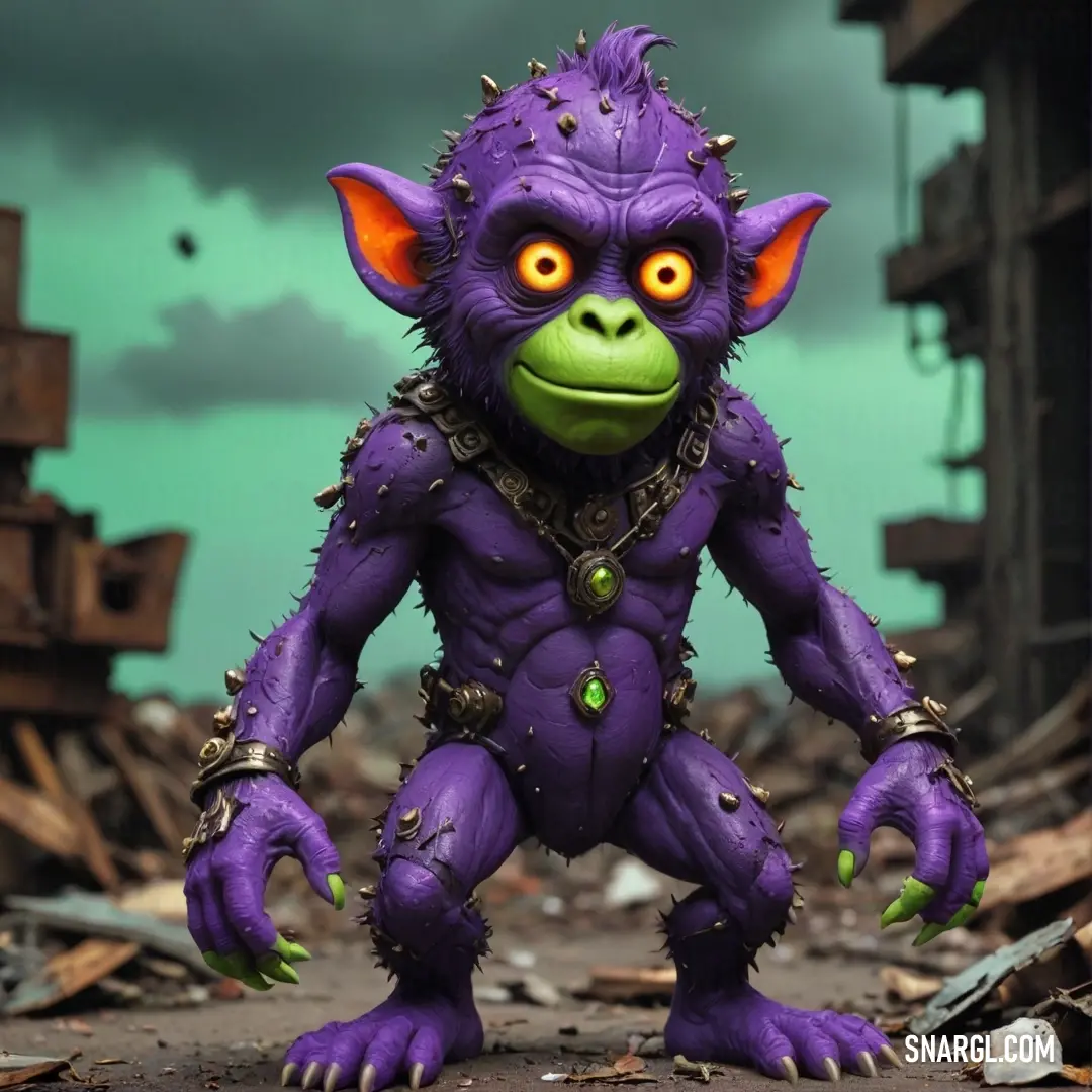 A whimsical purple creature with bright orange eyes and a playful demeanor, adorned with chains, standing in a colorful environment. Its lively presence and unique features make it a delight to behold.